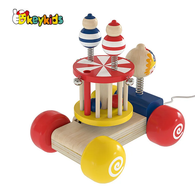 New Design educational circus wooden pull along wagon toy for toddlers W05C159