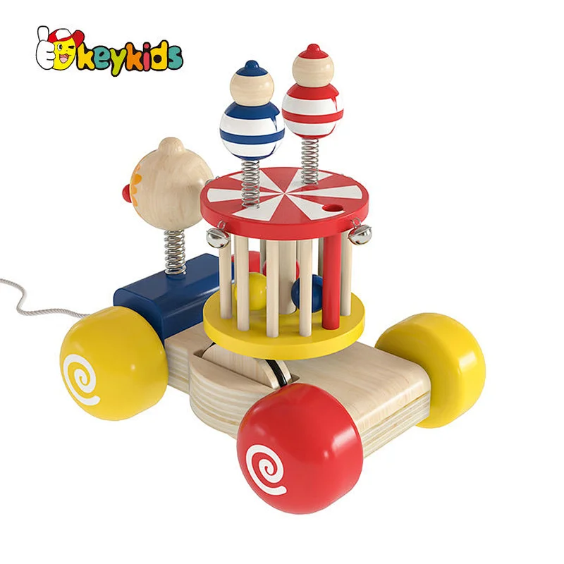 New Design educational circus wooden pull along wagon toy for toddlers W05C159
