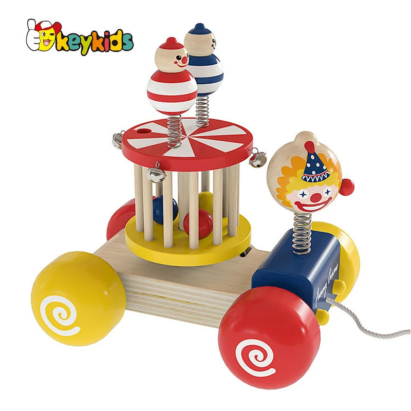 New Design educational circus wooden pull along wagon toy for toddlers W05C159